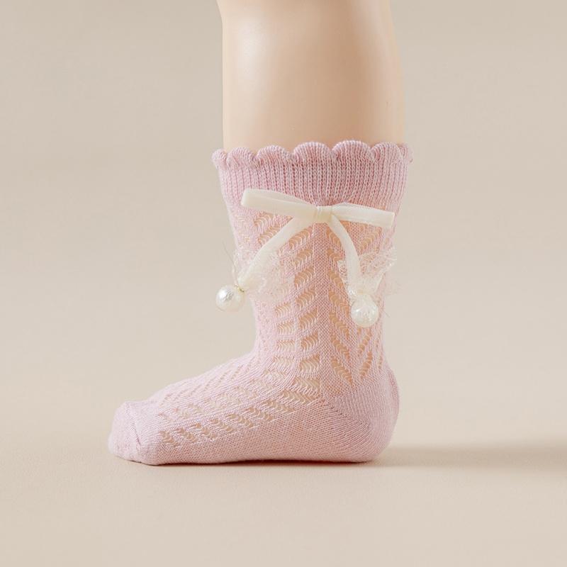 Blotona Toddler Socks for Girls Hollow-Out Cute Bowknot Anti-Skid Socks Mid-Calf Socks Summer Casual Thin Socks