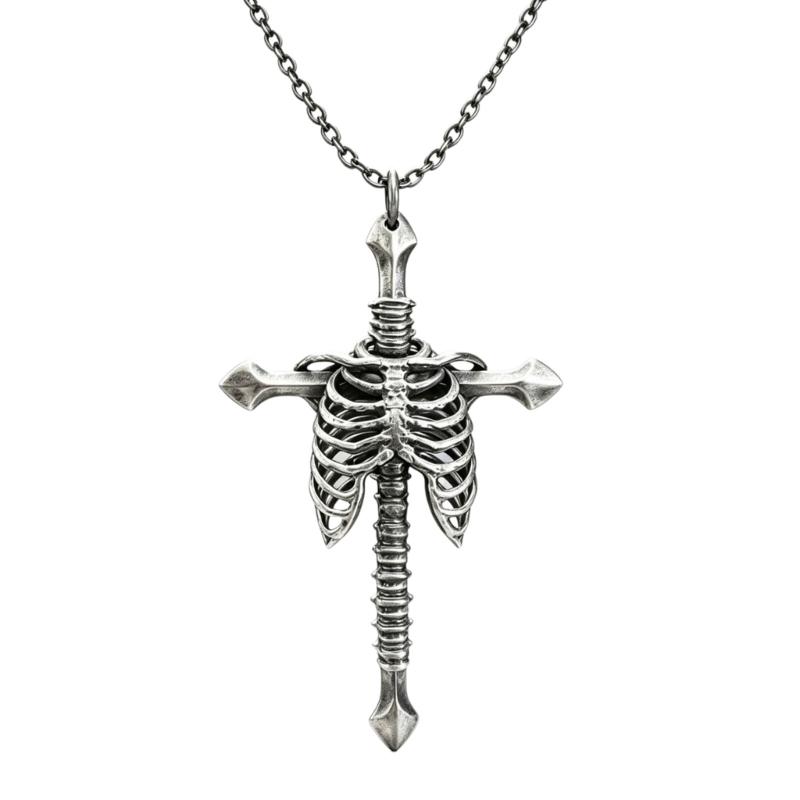 Rib Cage Cruciform Pendant Necklace for Gothic Style Enthusiasts, Silver Tone Alloy Statement Jewelry with Link Chain for Daily and Party Outfits