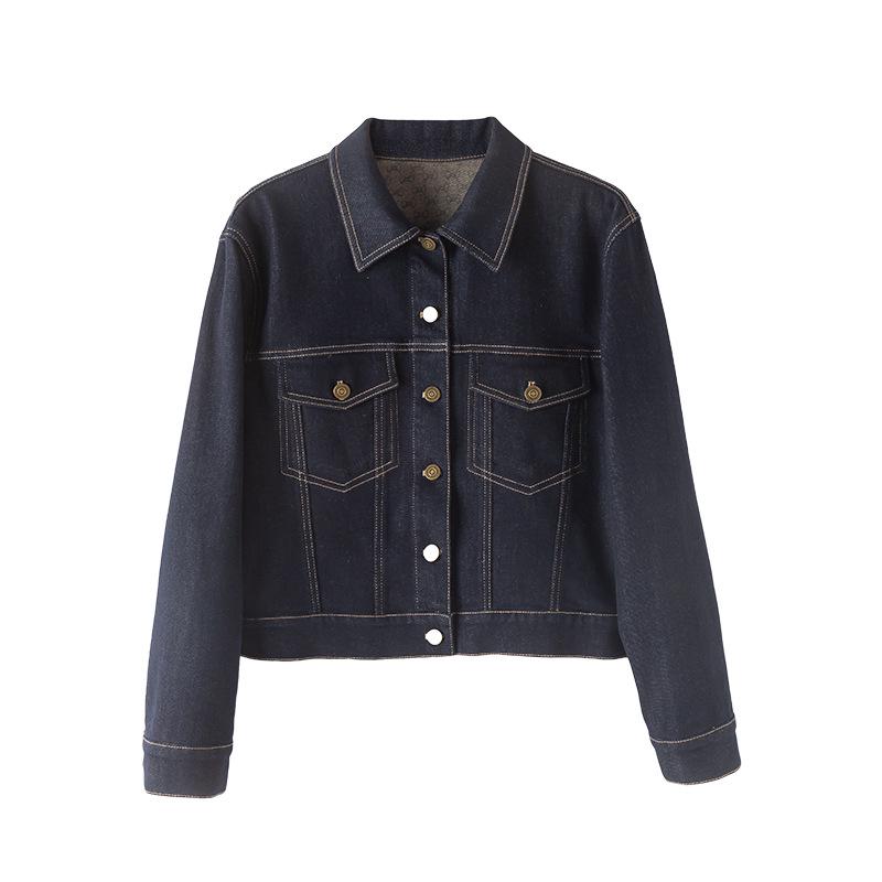 Xinge 2024 Dámská tmavě modrá krátká džínová bunda - Nový podzimní styl, všestranná a šitá na míru pro malé velikosti