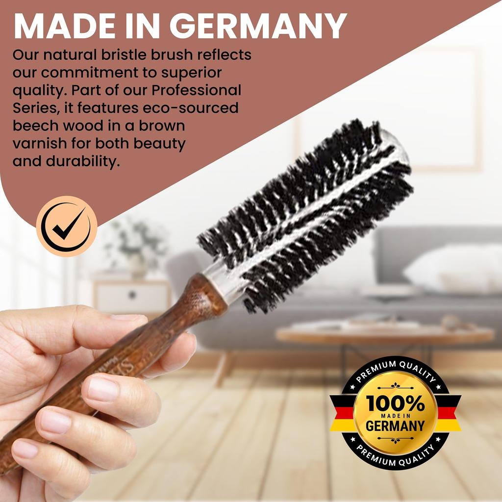 Handcrafted In Germany Since 1869 Round Hair Brush Shaped Boar Bristle Round Hair Professional Hair Brush for and Made of Sustainable Beech Wood -