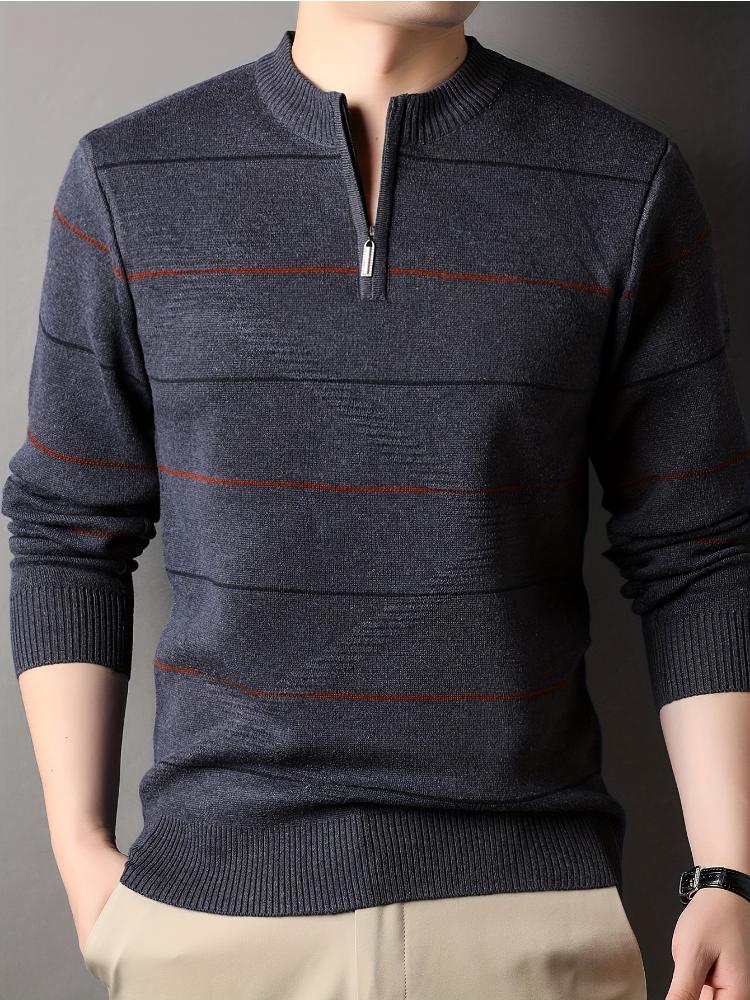 Men's Casual Striped Knit Sweater With 1/4 Zip, Long Sleeve Polyester & Acrylic Blend Top, Mature Style