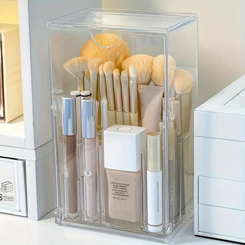 Large Capacity Clear Makeup Brush Storage Box with Front Flap Lid Acrylic Cosmetic Organizer for Brushes and Beauty Tools