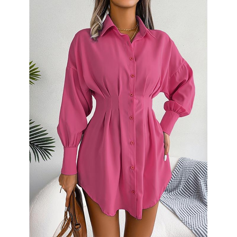 Women's Dresses Summer Solid Colour High Waist Wrap Short Sleeve Shirt Single Breasted A-Line Skirt