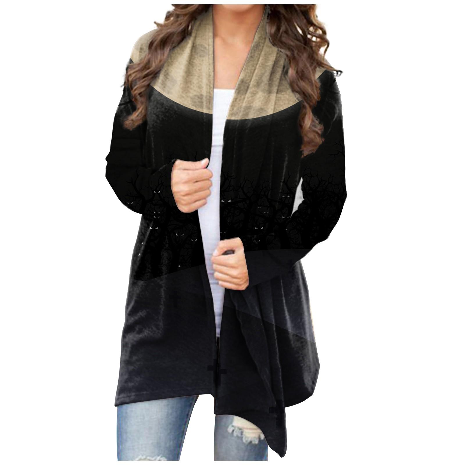 

Женский кардиган, свободное повседневное верхнее пальто с карманами и длинными рукавами с принтом Хэллоуина M чёрный