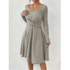 & Fall New Arrival Europe and America Cross Border Fashion Round Neck Pure Color Silm Slim Looking A- Line Long Sleeve Dress Bottoming Skirt Dress