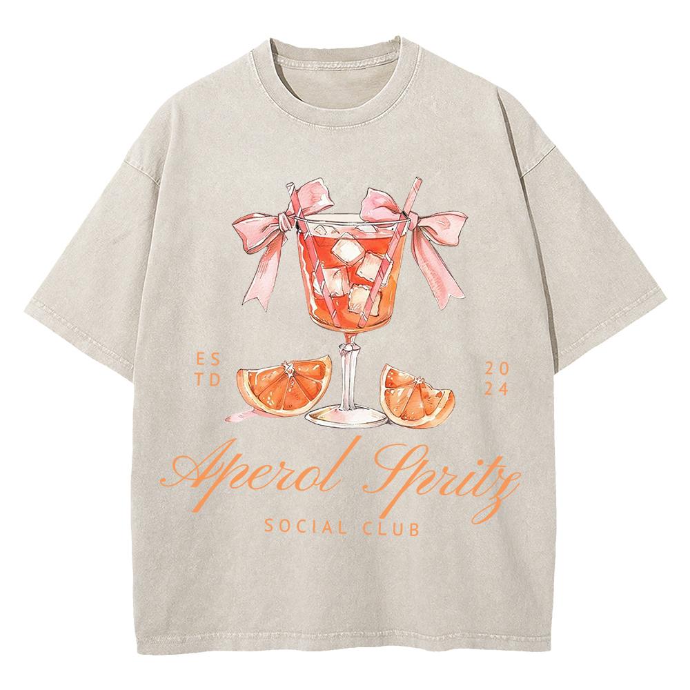 Cotton Vintage Washed Aperol Spritz Club Tshirt New Fashion Men Casual Retro Lemon Cool Oversize Loose Acid Wash Tee Shirt