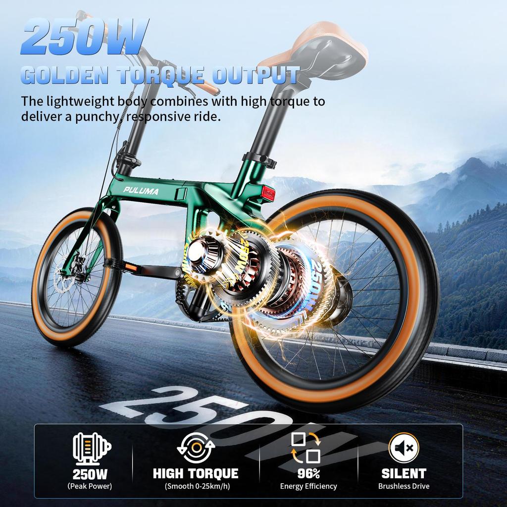 PULUMA PT20 City Commuter Electric Bicycle , Electric Bike 250W Motor , 36V 7Ah Battery, 20x2.0 Inch Tires, Lightweight Folding E-Bike for Adults