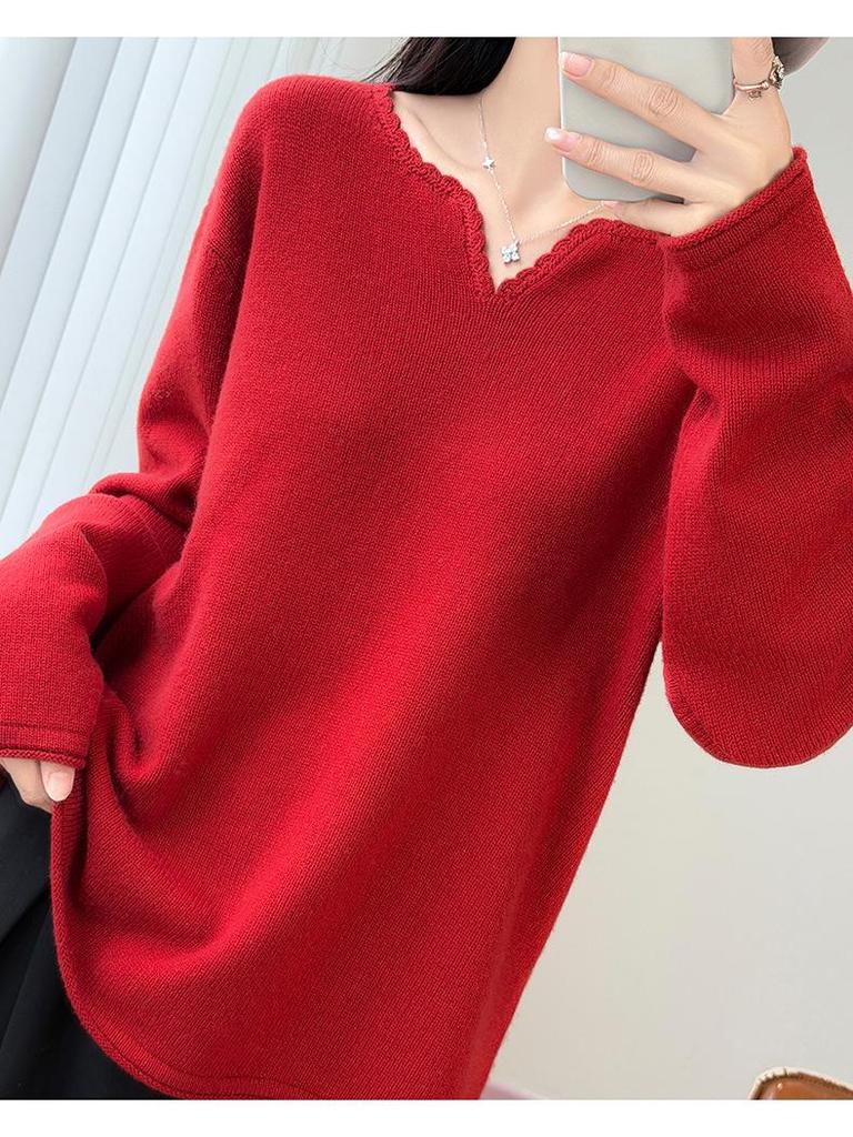 Women's 100% Wool V-Neck Lace Knit Pullover - Long Sleeve, Solid Color, Loose Fit Sweater for Autumn/Winter