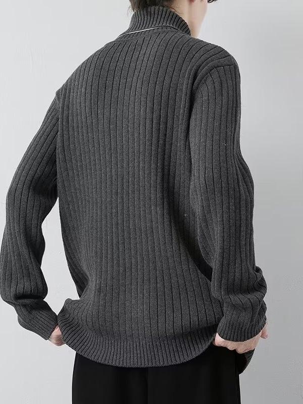 Men's Striped High Neck Knit Sweater - Thick, Loose, Solid Color Winter Base Layer