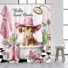 Bathing Highland Cattle Shower Curtains Funny Farm Animal Cactus Plant Pink Bath Curtain Set Polyester Bathroom Decor with Hooks