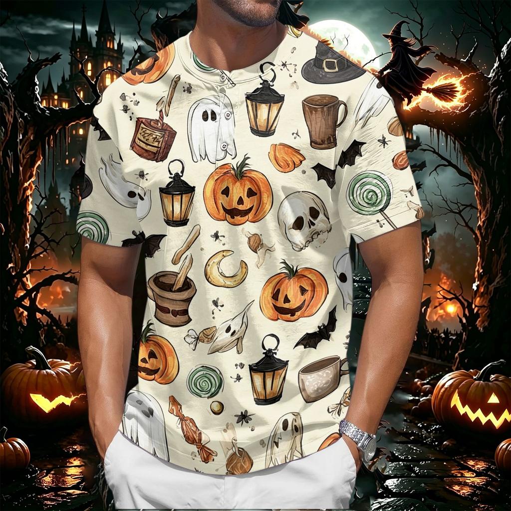 Men's Halloween Print Short Sleeve Henley Shirt Casual Round Neck Button Up Top for Seasonal Wear