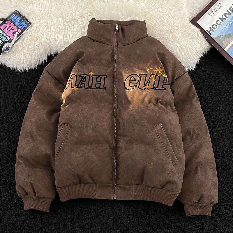 Retro Embroidered PU Leather Oversized Down Jacket for Men & Women - Winter Outerwear Trend