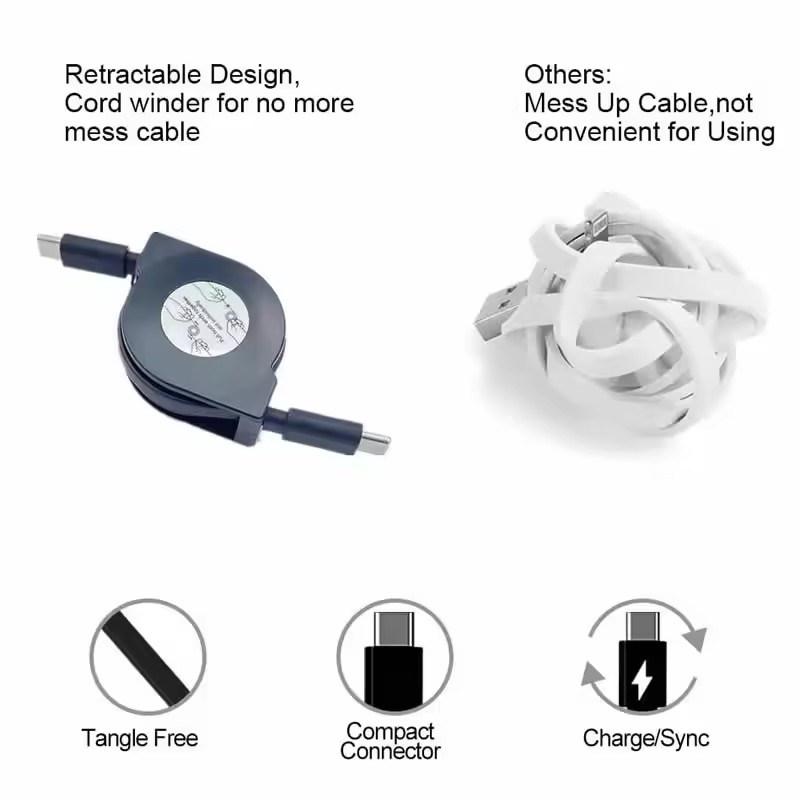 PD 60W USB C To USB C Data Cable Retractable  Notebook Fast Charging Cord Compatible with Type C Phone Switch Tablets
