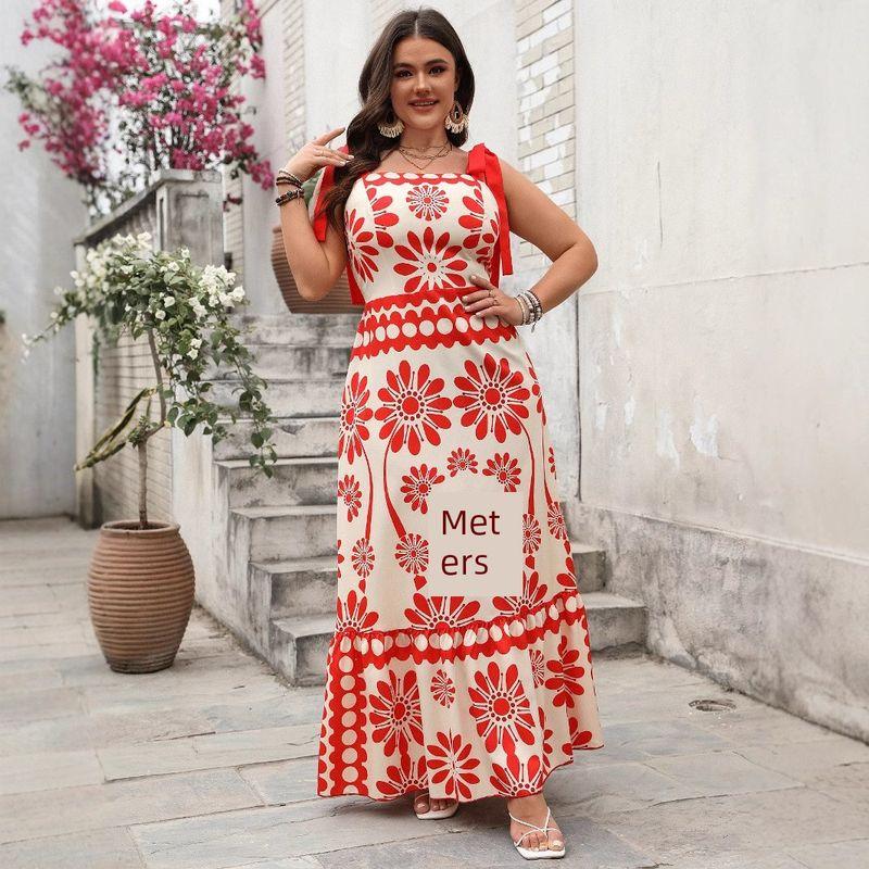 

Spring and Summer Women s Clothing Long Dress Casual Elegance Vacation Style Print High Waist Sling Dress Red XL