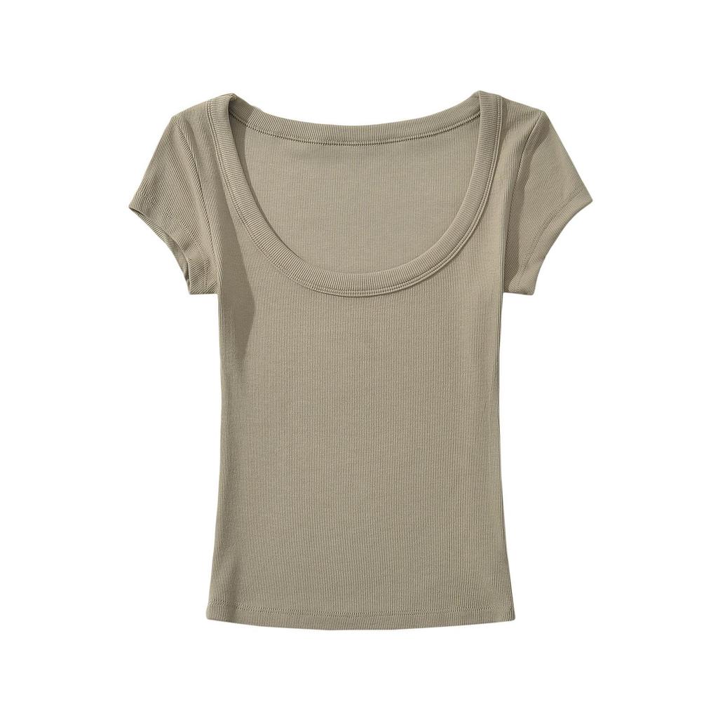 Damski letni dopasowany elastyczny top z krótkim rękawem, okrągłym dekoltem i wycięciem 2024