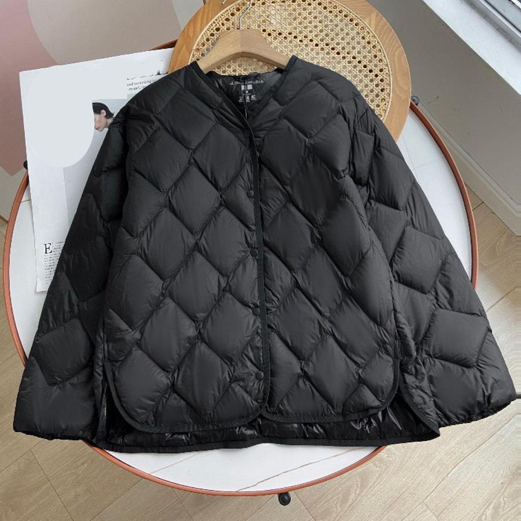 Giacca imbottita morbida senza colletto ultraleggera autunno inverno con scollo a V casual corta da donna casual ampia monopetto in piuma d'anatra