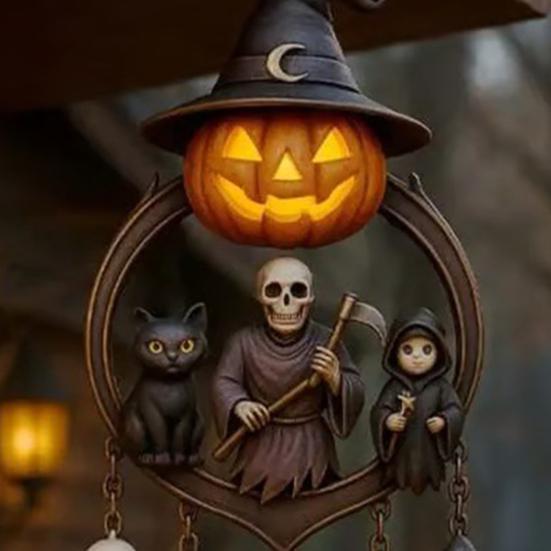 Halloween Gothic Wind Chime Spooky Bell Chime with Pumpkin Lantern Grim Reaper Ghost Black Cat for Porch Window Home Decor