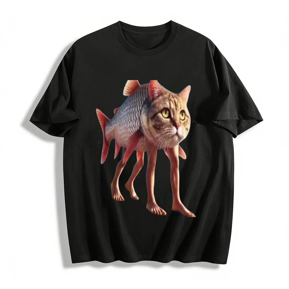 Funny Cat-Fish Hybrid Print Trendy Casual Short Sleeve Top Pure cotton T-shirt XXS