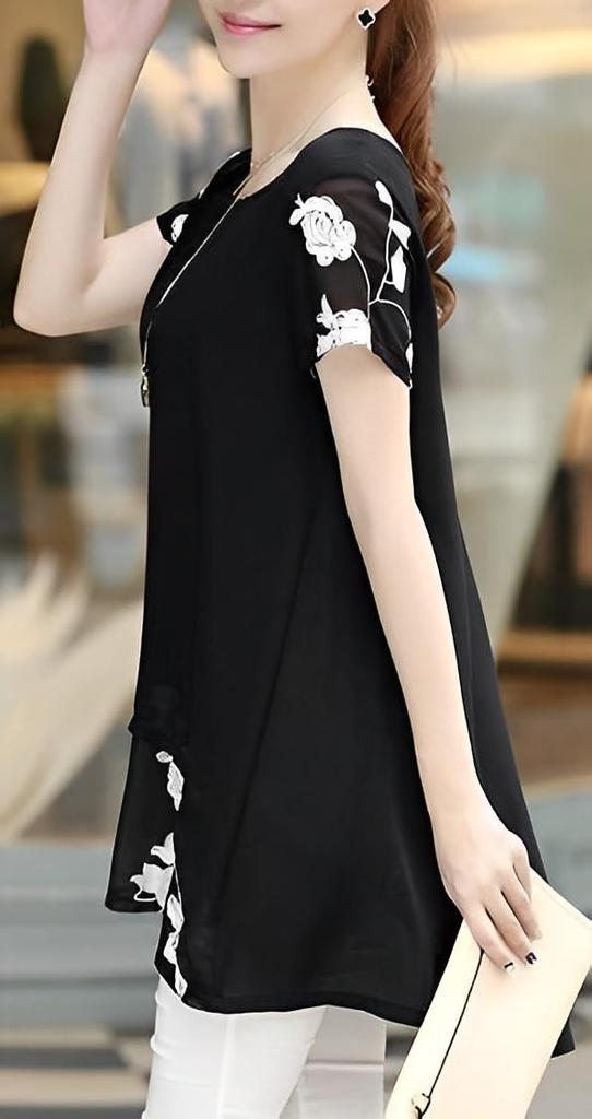 Aspersio Simple Layered Floral Tunic Top with Short Sleeves and Features Tiered Cuff Straight and Round Crew Cut and Sewn Asymmetrical Pullover