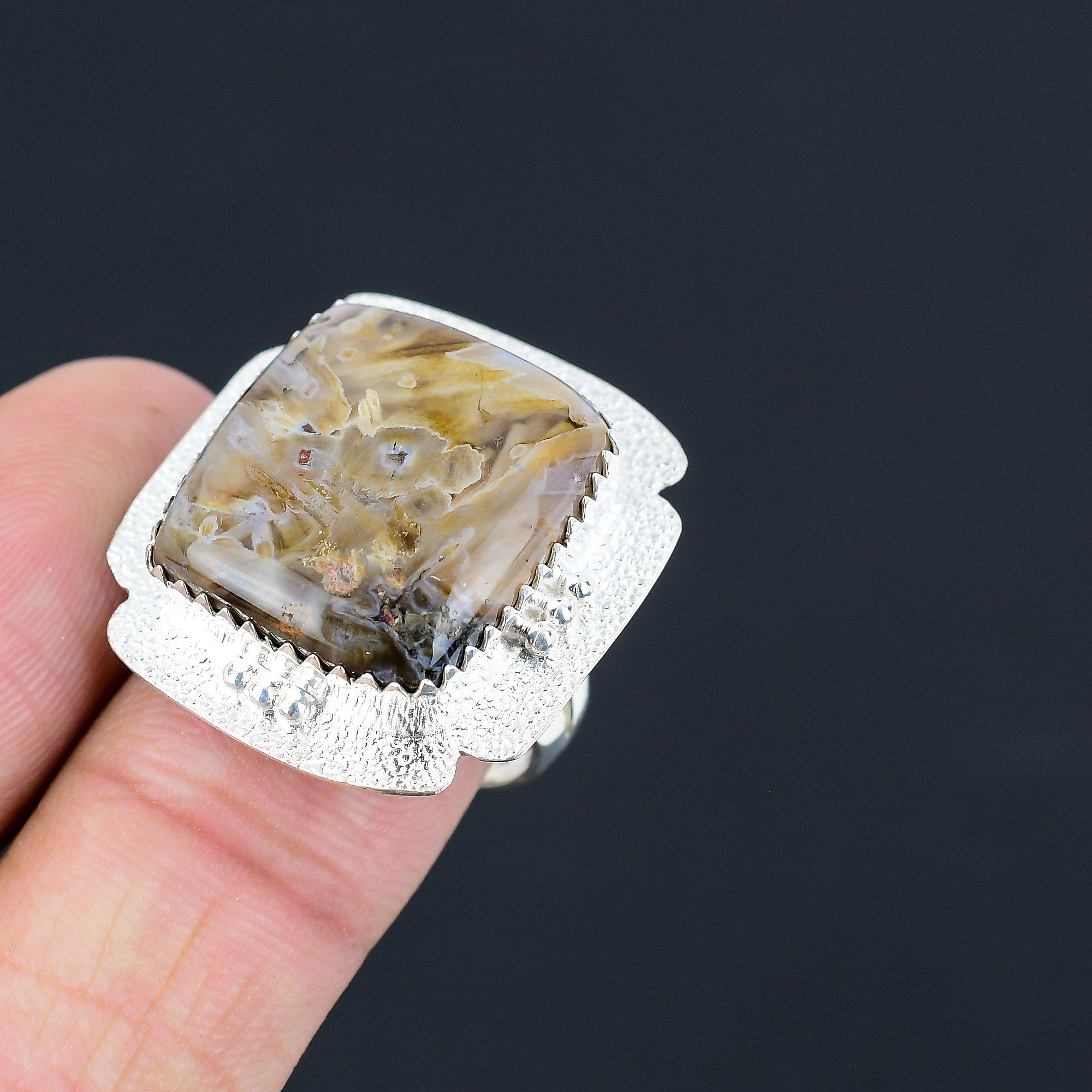 Womens day Sale 925 Sterling Silver Cushion Natural Stick Agate Statement Ring 9