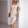 Elegant Slim Fit Long Sleeve Knit Dress with Slit - Spring & Autumn Collection
