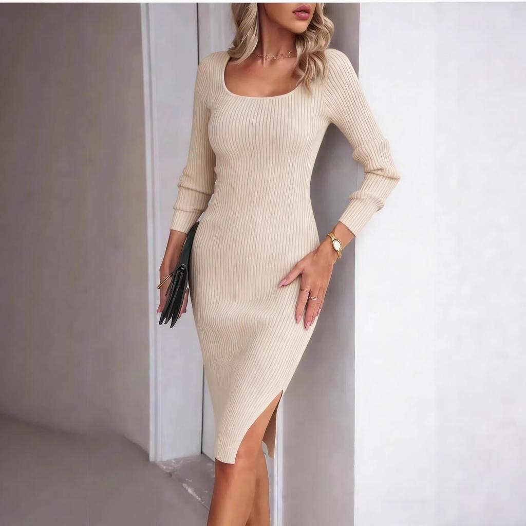 Elegant Slim Fit Long Sleeve Knit Dress with Slit - Spring & Autumn Collection