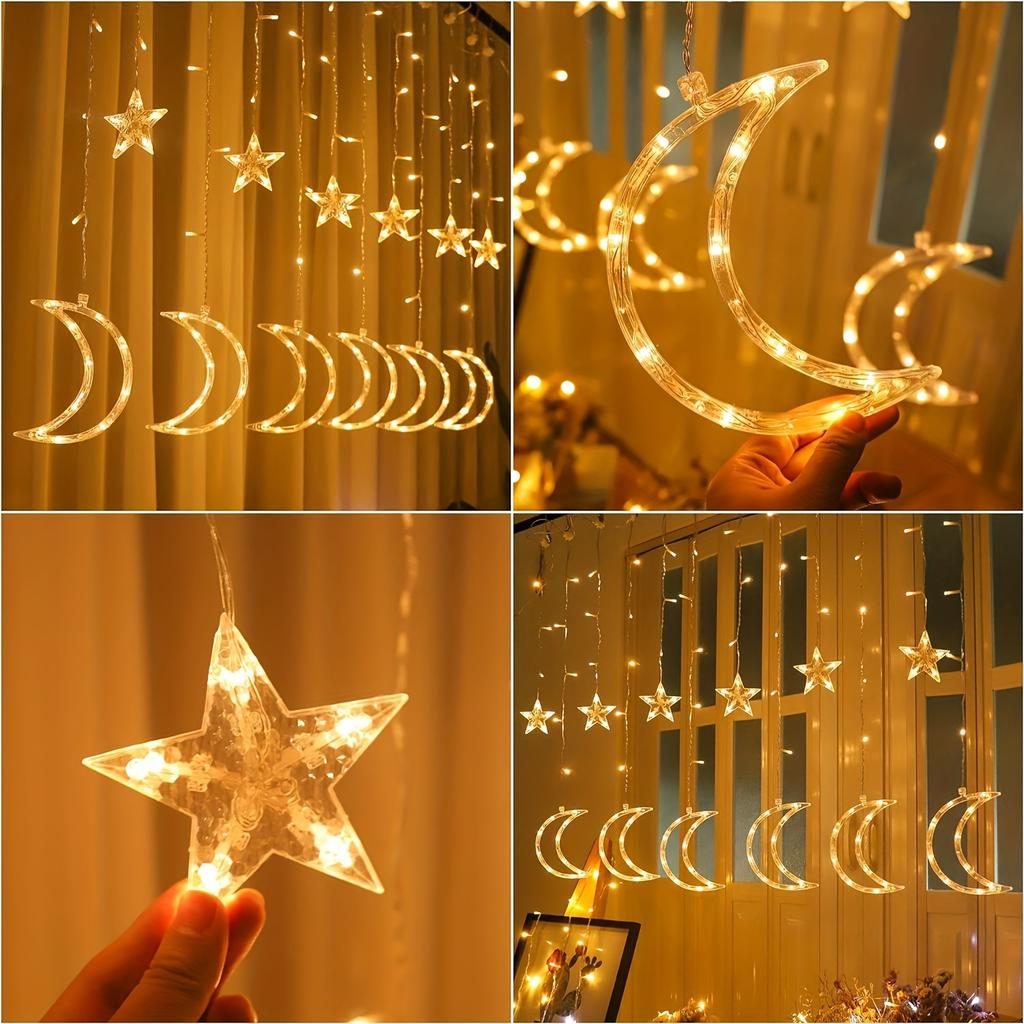 1/2PC Solar Star Moon Curtain String Lights Warm White 8 Modes Hanging LED Fairy Lamp for Festival Party Christmas Ramadan Decor