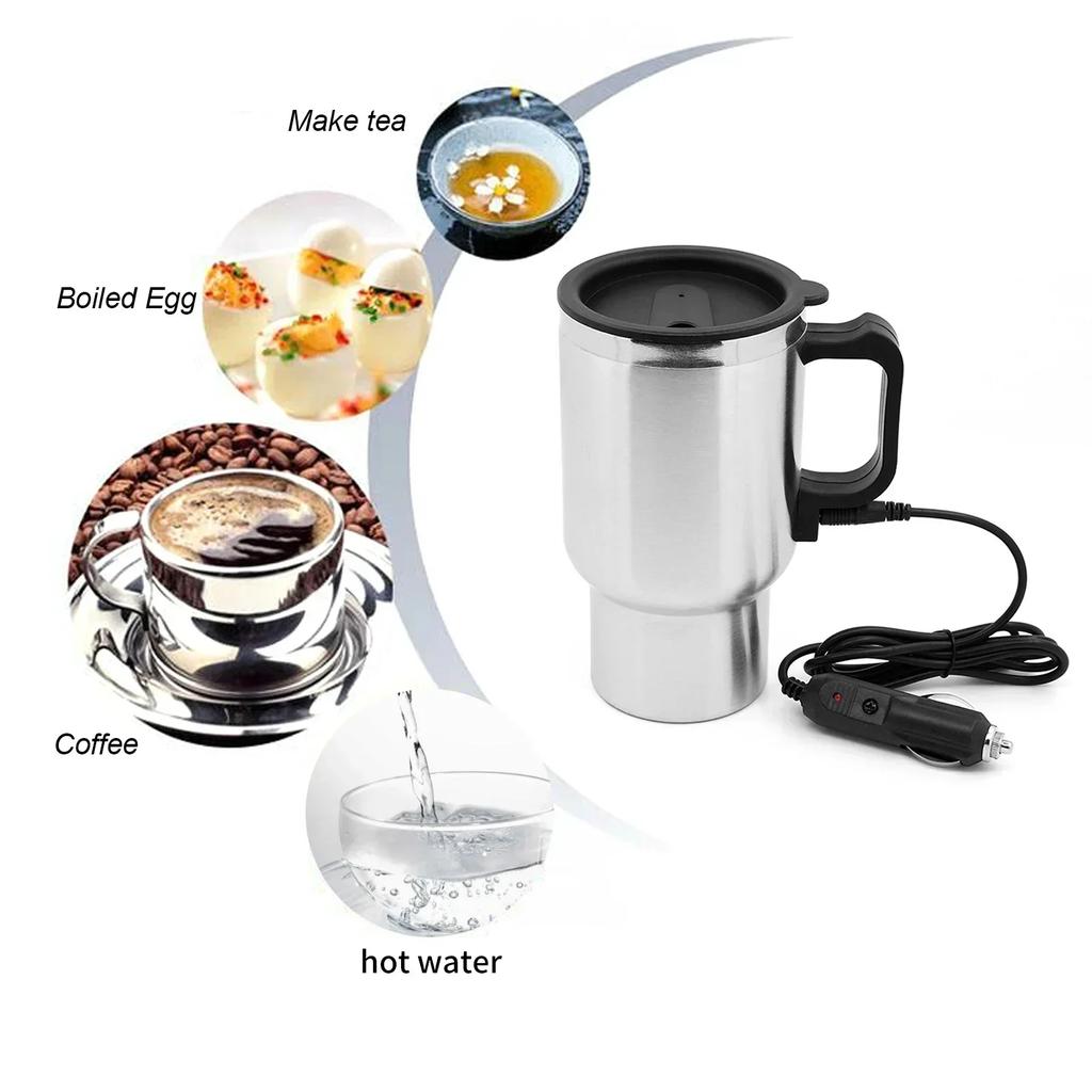 Electric Heating Car Kettle Water Coffee Milk Thermal Mug Camping Travel Kettle Vehicle Heating Cup 12V 450ml Stainless Steel