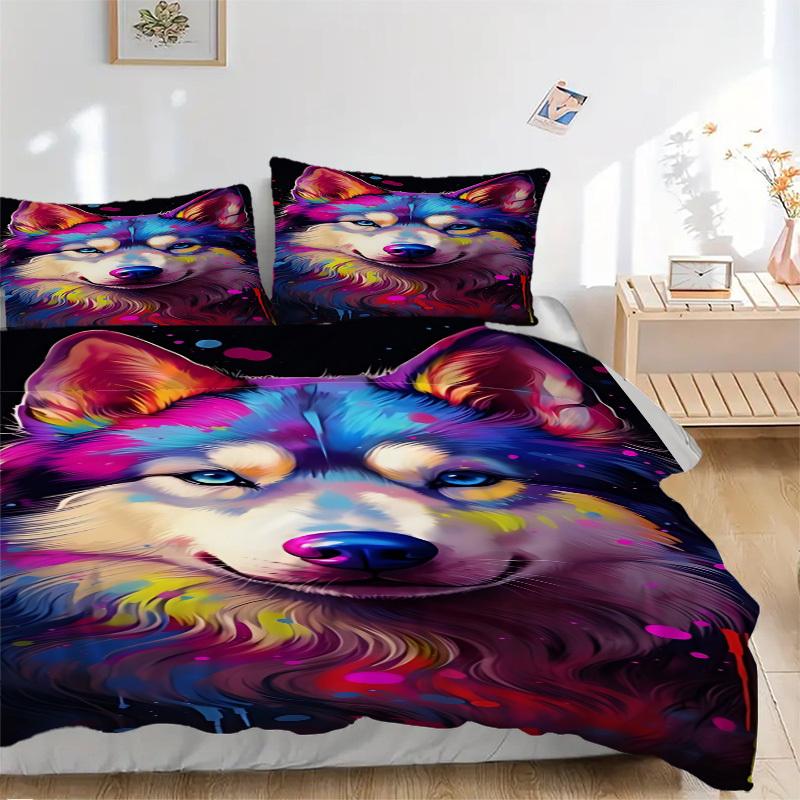 3pcs Colorful Wolf Art Duvet Cover Set -Includes 1 Duvet Cover and 2 Pillowcases, No Quilt Core, All-Season Home Decor  yy251111166