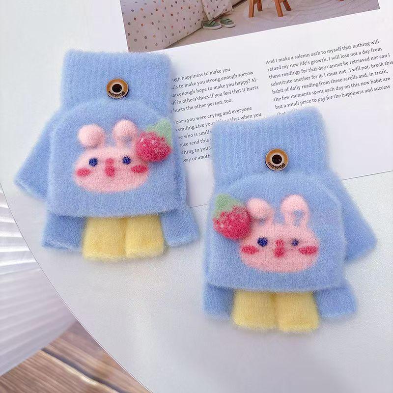 Children s Cute Strawberry Rabbit Flip-top Knitted Winter Gloves