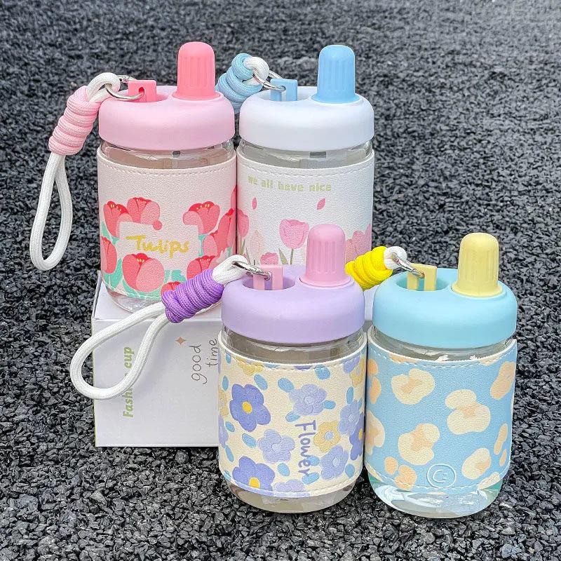 Influencer Portable Insulated Glass Water Cup with Leather Sleeve – Stylish Gift for Female Students