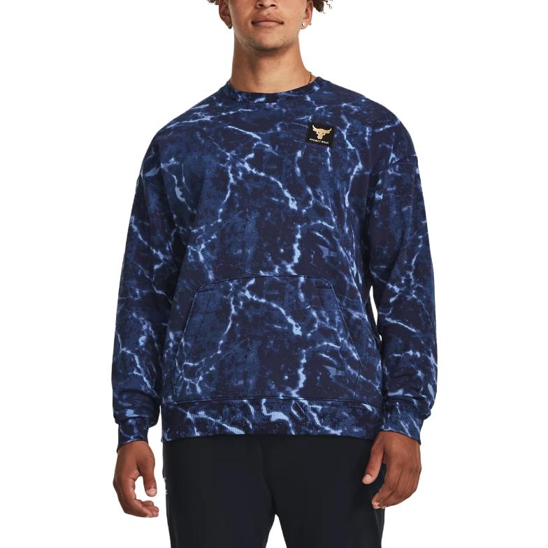 Under Armour Project Rock Rival Printed Fleece Crew Sweatshirt Men Sweatshirts Midnight-Deep-Blue 1380119-410