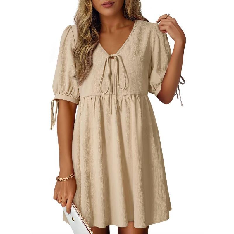 QICED Women's Fashion Summer Spring Solid Color Print Short Sleeve V-Neck Casual Dresses