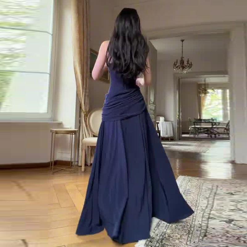 Elegant Deep Blue Wrap-Style Backless Maxi Dress With Ruched Shoulder Straps Slim Fit 2026