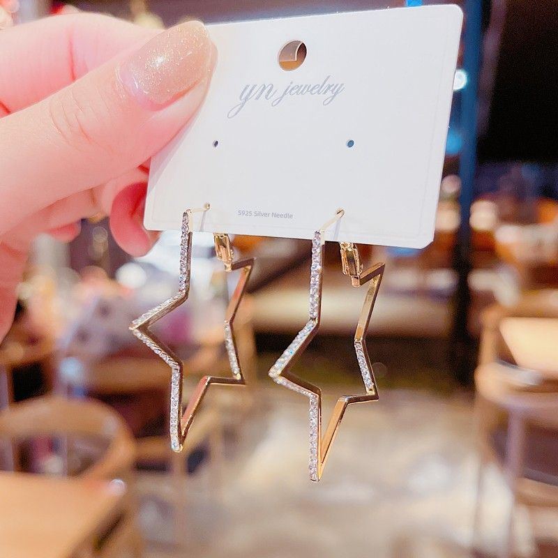 Cool Style Five-Pointed Star Female Sterling Silver Needle Personality Rhinestone Golden Five-Pointed Star Earrings