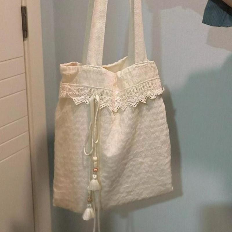 Harajuku Beige Canvas Shoulder Bags Women Vintage Lace Large Capcity Tote Bag Purse Female Versatile Casual Handbag