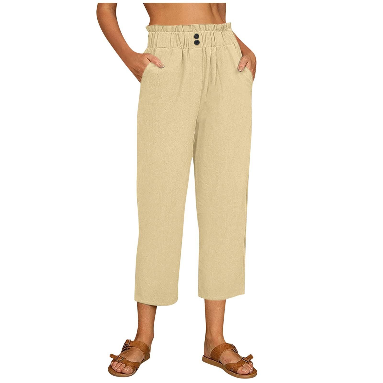 

Women s Loose Casual Cotton And Linen Pants Color Elastic Waist Pocket Cropped Pants XXL бежевый