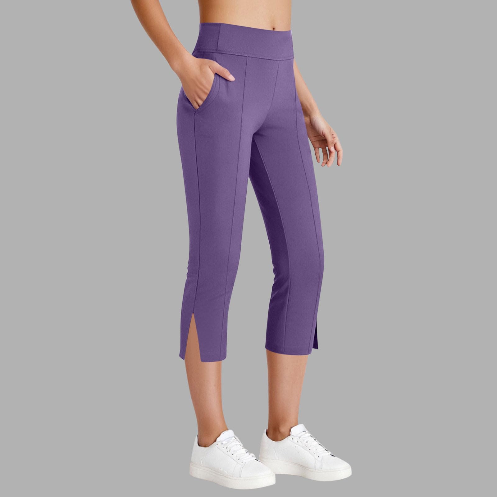 

High Waist Capri Leggings for Women Yoga Pants with Side Slits and Pockets Stretchy Athletic Workout Tights S фіолетовий