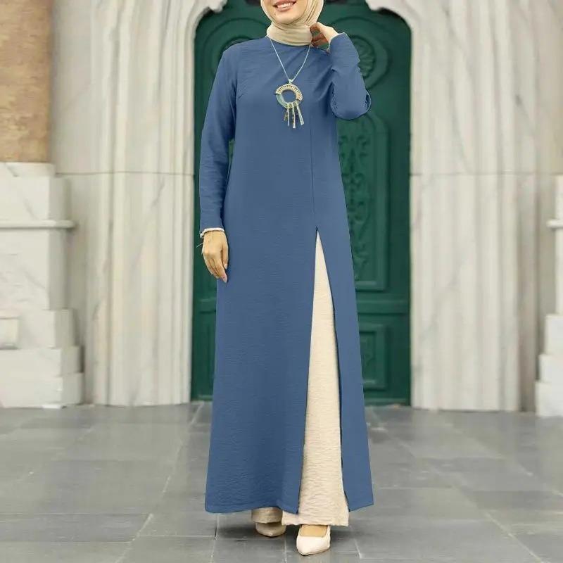 Muslim women's clothing ice silk wrinkled long sleeves high split hem dress solid color intellectual women's robe mid-east wind