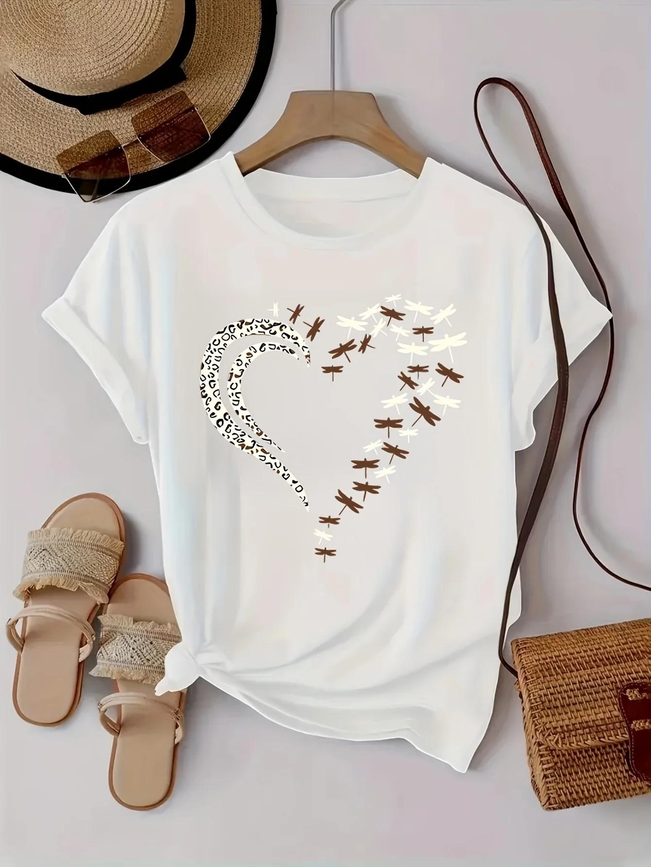 Heart Shaped Leopard Print Tshirt Womens Harajuku Short Sleeve Casual Womens Tshirt Clothing Street Tees Aesthetic Clothes S