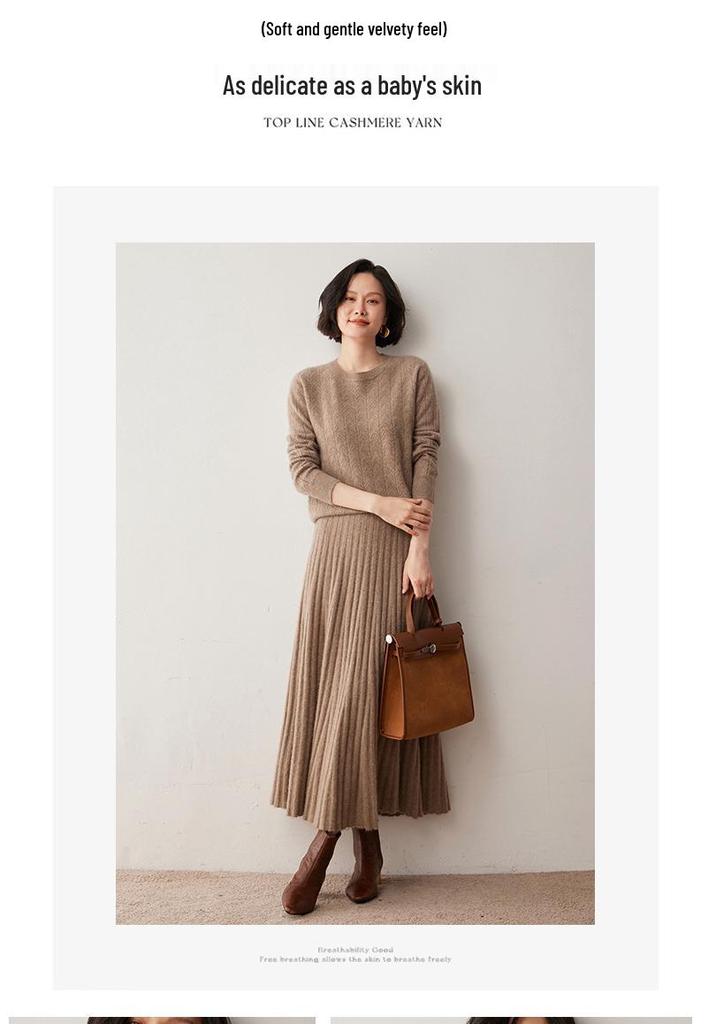 Women's Slim Cashmere Knit Pullover - Warm Long Sleeve Round Neck Sweater for Autumn/Winter