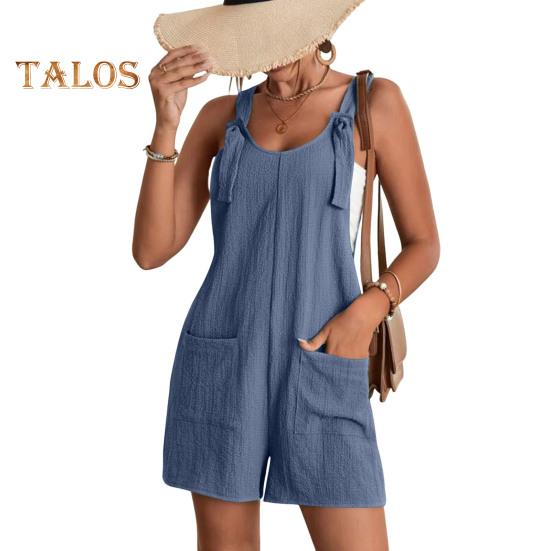 Macacão Feminino Sem Mangas Verão Casual Macacão Curto Solto de Algodão com Bolsos Roupas de Praia para Viagem Férias
