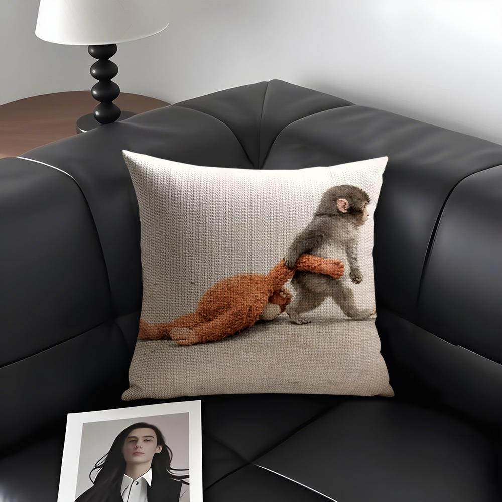 Punch Monkey Cute Cushion Cover Natural Linen Organic Fabric Double-Sided Printing Sofa Home Decor Gift Pillow Case