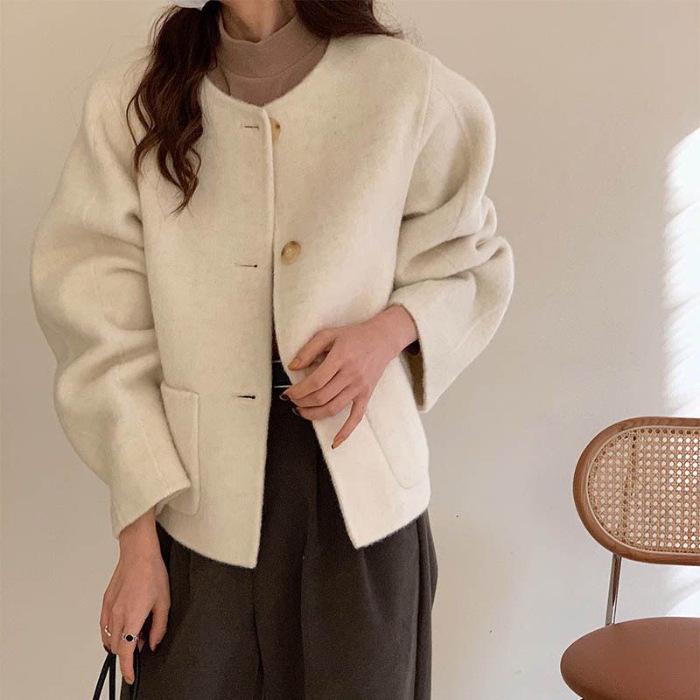 

Autumn new pink purple student small fragrant short loose round neck small wool coat female tide 3XL абрикосовий