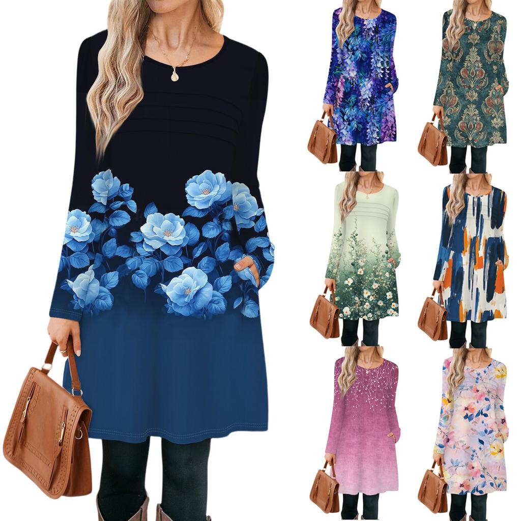 Women's Casual Fashion Long Sleeve Graphic Printed Vintage Dresses With Pockets