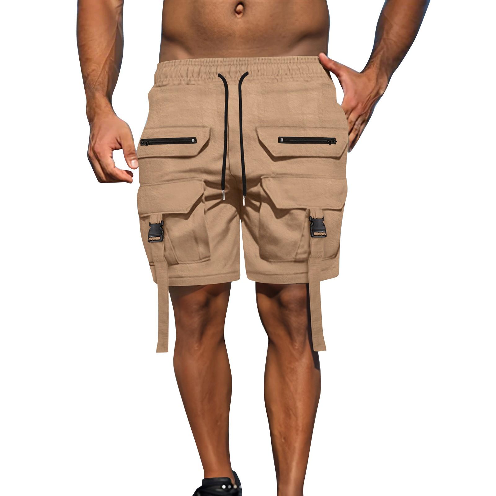 

Мужские летние однотонные повседневные спортивные шорты на молнии с несколькими карманами, быстросохнущие, дышащие XL хаки
