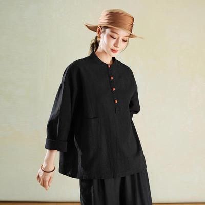 Women's Retro Cotton Linen Stand-up Collar Frog Button Top - Spring 2025