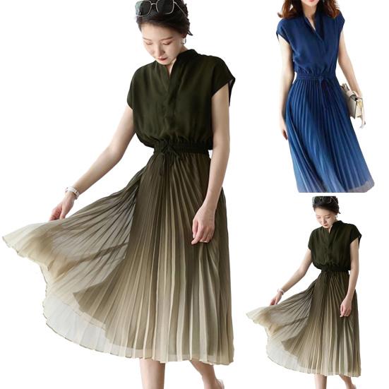 Stand Collar V-neck Flying Sleeve Elastic Waist Drawstring Summer Dress Gradient Color Pleated