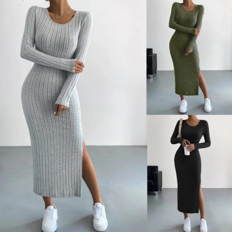 Abito Lungo da Donna a Maniche Lunghe con Scollo Rotondo e Spacco in Maglia