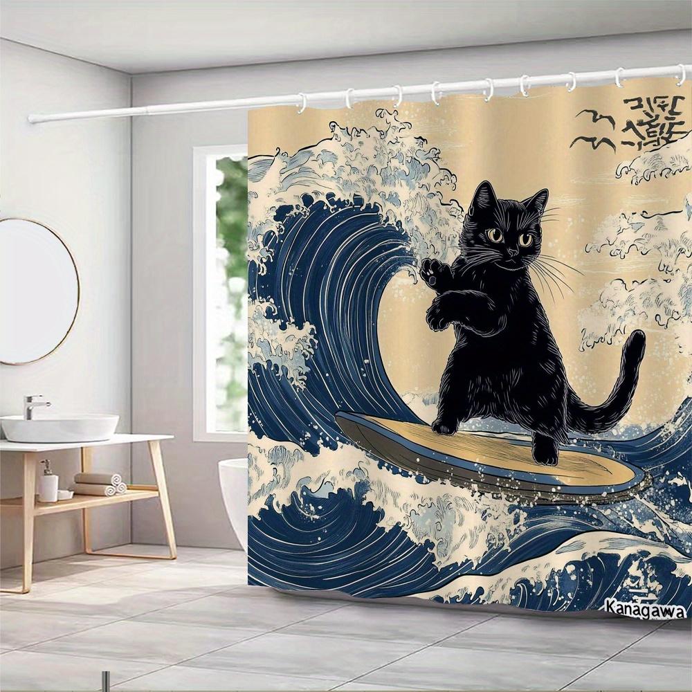 Cat Surfing Shower Curtain Great Wave Design Japanese Art Bathroom Decor Waterproof Curtains Anime Home Style